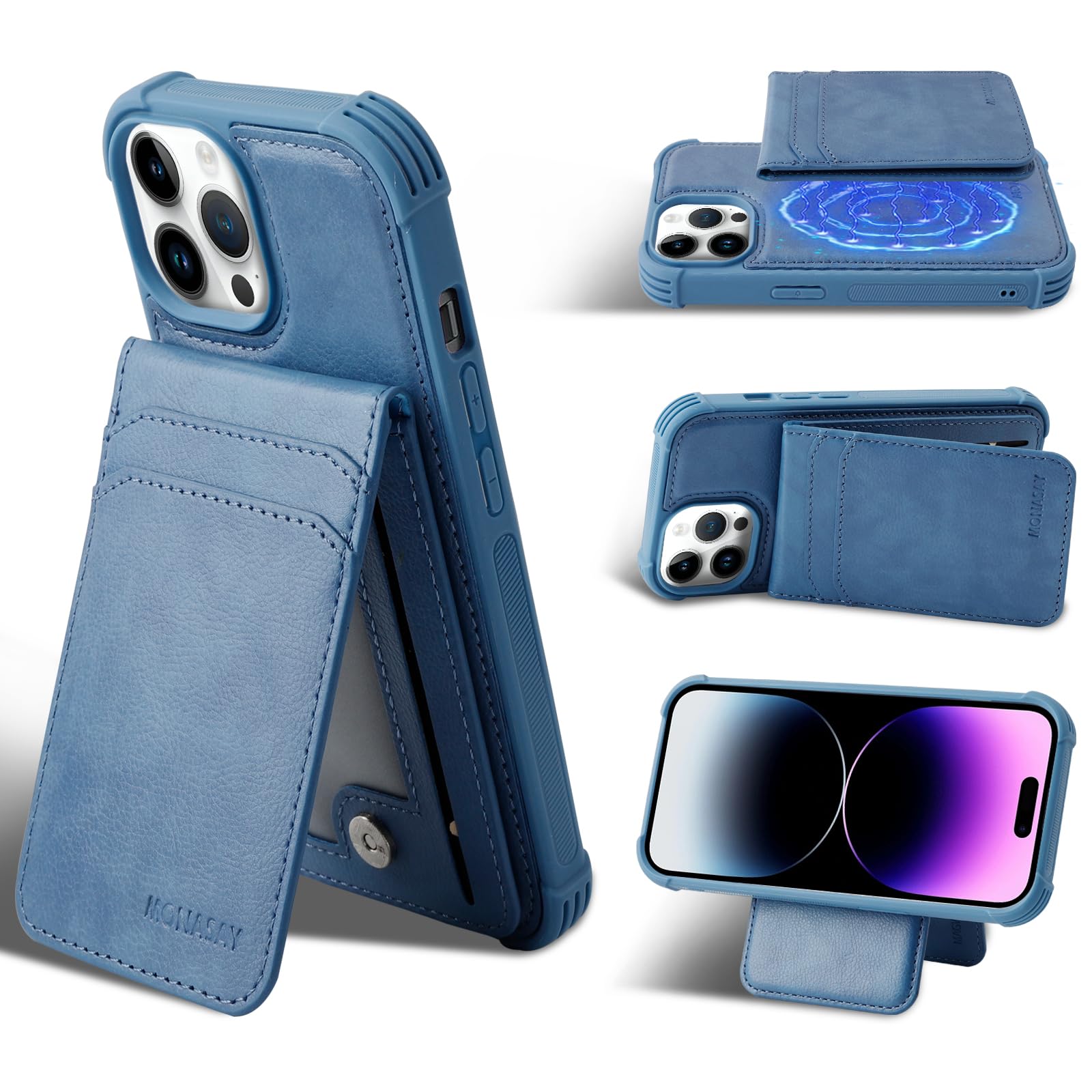 MONASAY Magsafe Wallet Case Compatible for iPhone 13 Pro 6.1 inch, [Supports Wireless Charging] [Screen Protector] Magnetic Leather Phone Cover with