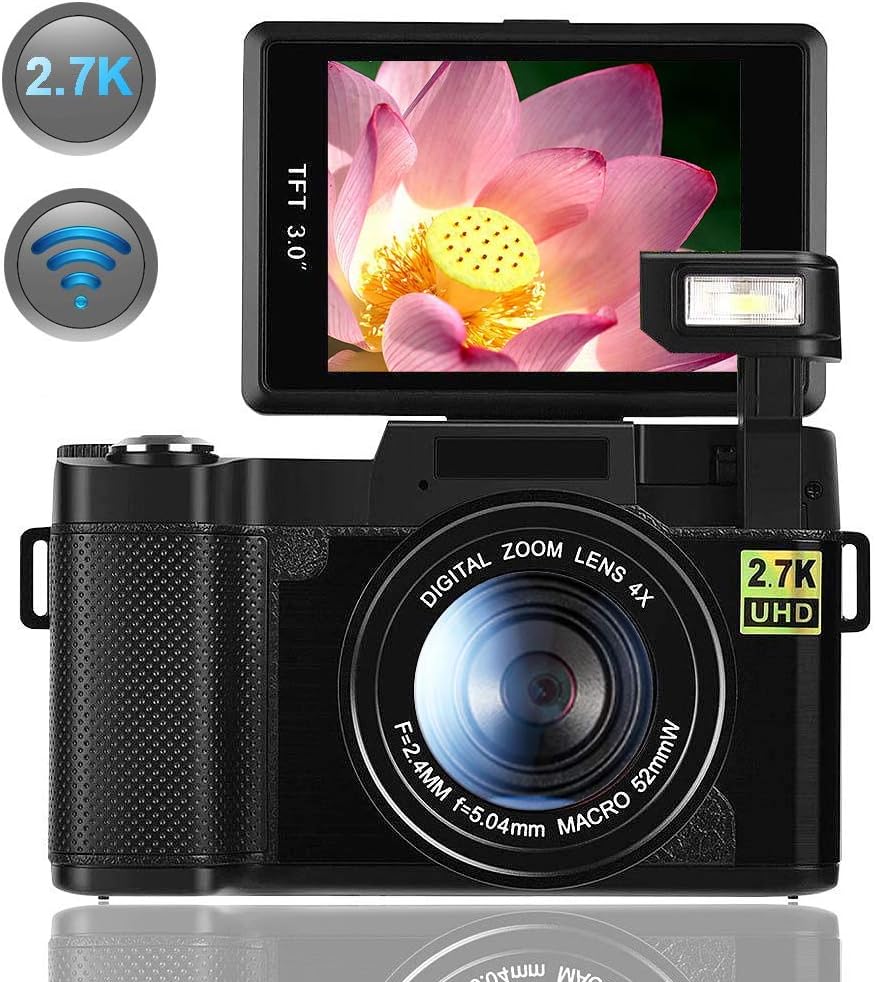 Digital Camera,Vlogging Camera for YouTube 2.7K 24.0MP Ultra HD WiFi Camera 3.0 Inch 180 Degree Rotation Flip Screen (Black)