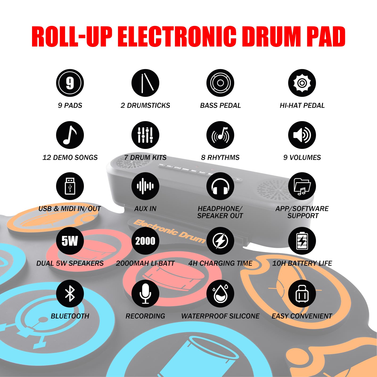 Schlagzeug Elektronisch, 9 Pads Rolling Electric Drum Pad Kits Machine Mit KopfhöReranschluss, 10 Stunden Spielzeit, 2 Eingebaute Lautsprecher (Bunt)