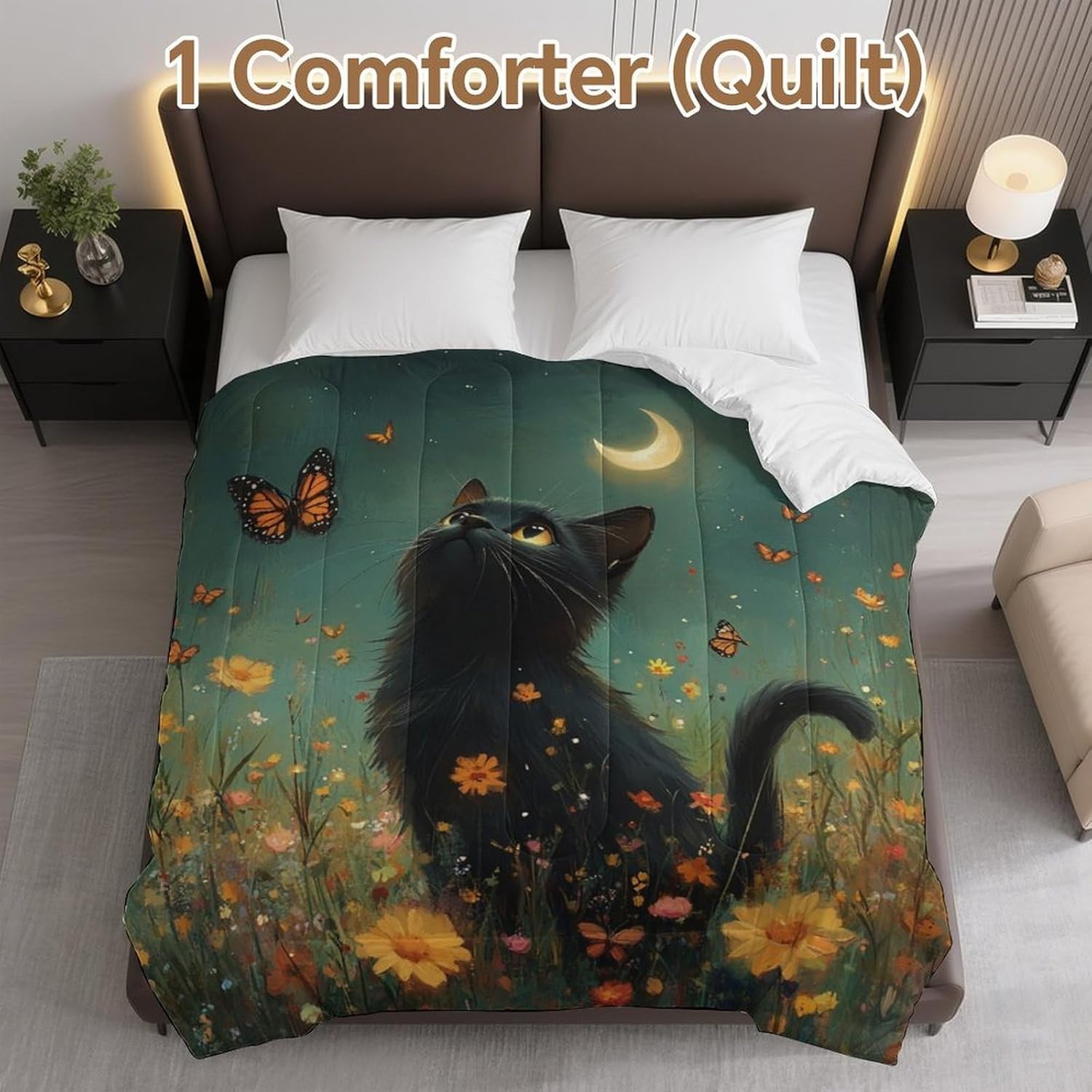 Moonlit Cat and Butterflies Comforter Bedding Heavy Bed Blanket Soft Warm Fluffy All Seasons Only Quilt 155x220cm