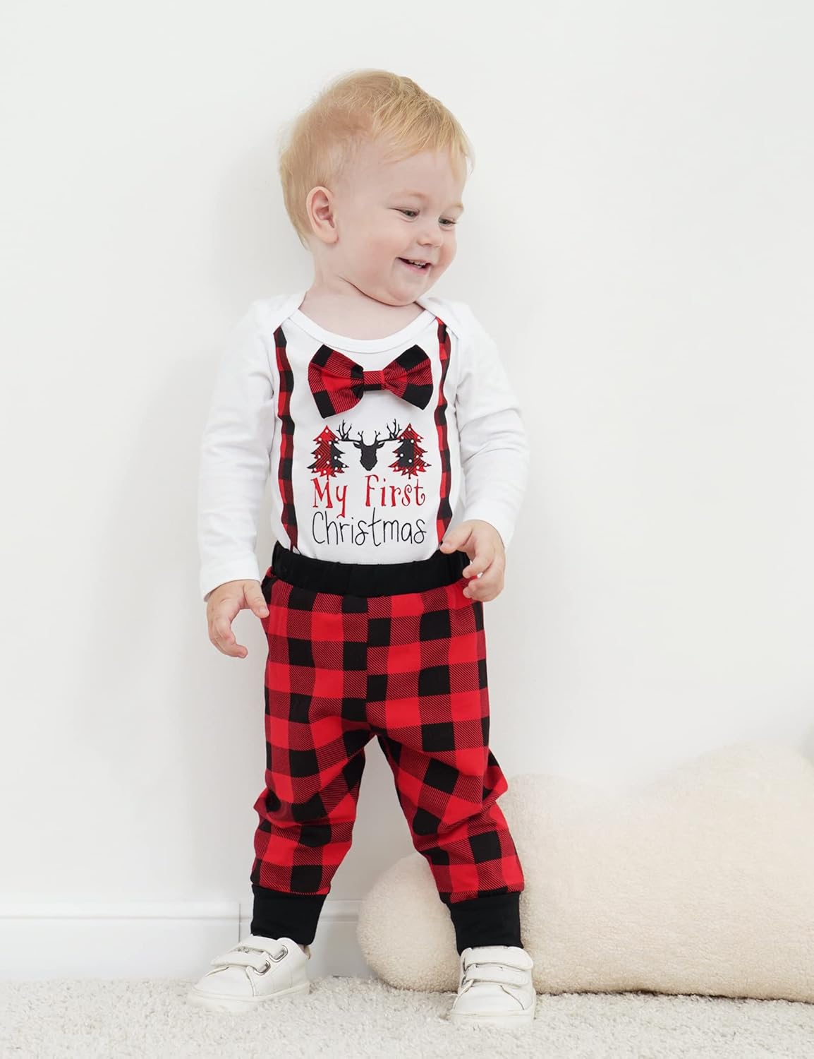 My First Christmas Outfit Infant Baby Boy Christmas Romper Red Plaid Pants with Merry Christmas Hat Clothing Sets - Image 3