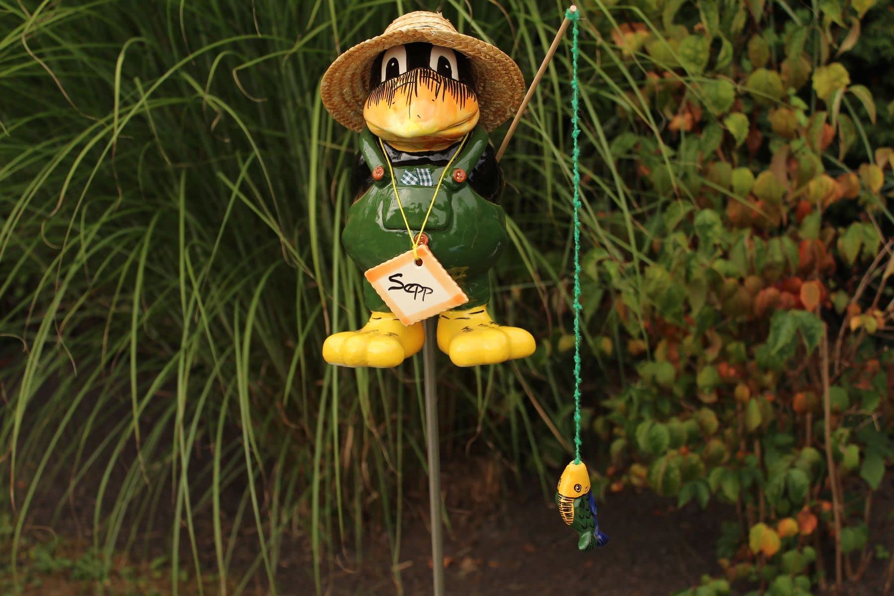 ML2299 Gartenfigur Angler aus Keramik 26 cm hoch Dekofigur Vogel Gartendeko grün