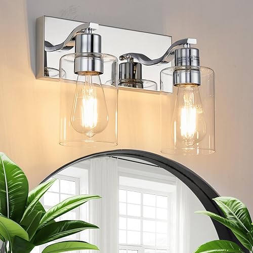 2 luces de baño cromadas con pantalla de vidrio transparente de 13 pulgadas, modernos accesorios de iluminación de baño sobre espejo para