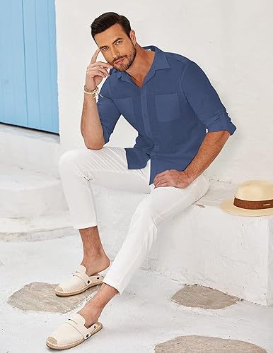 Miniatura 4 de COOFANDY Camisa de algodón y lino para hombre, manga larga, casual, con botones, para verano, playa, camisetas lisas con bolsillos
