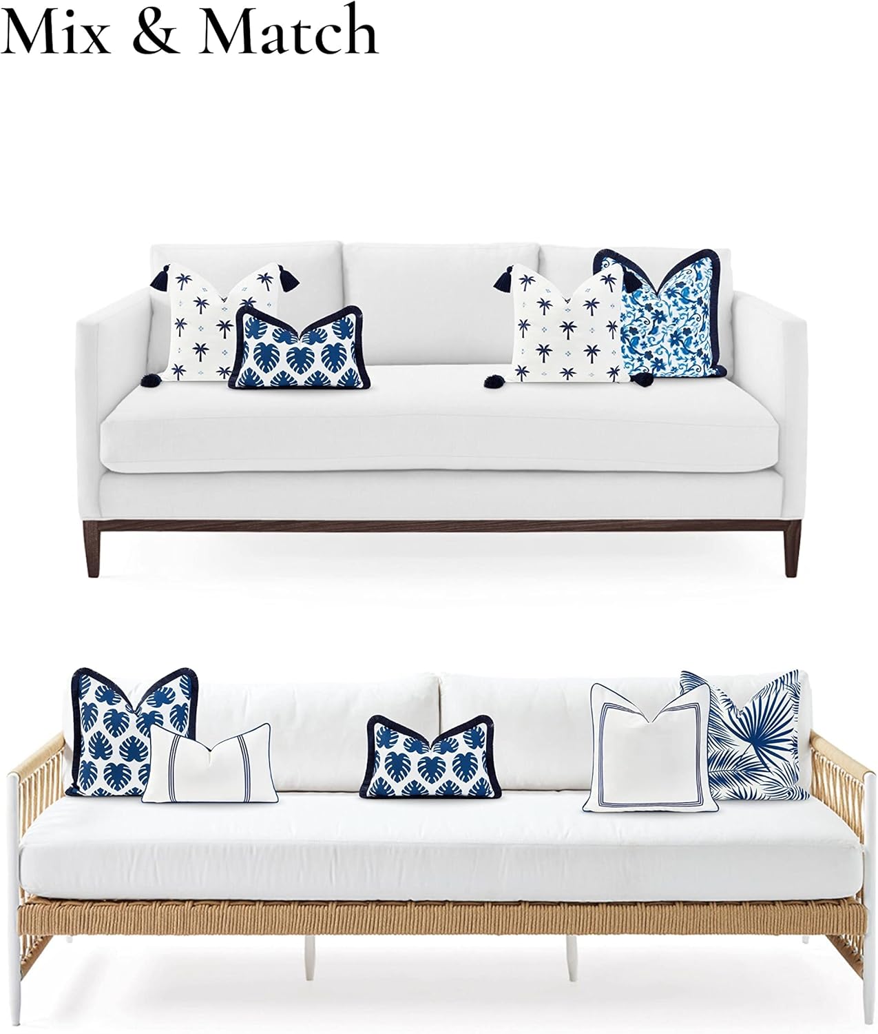 Hofdeco Premium Coastal Hampton Style Patio Indoor Outdoor Lumbar Pillow Cover Only, 12"x20" Water Resistant for Backyard, Couch, Navy Blue Monstera Leaf Fringe