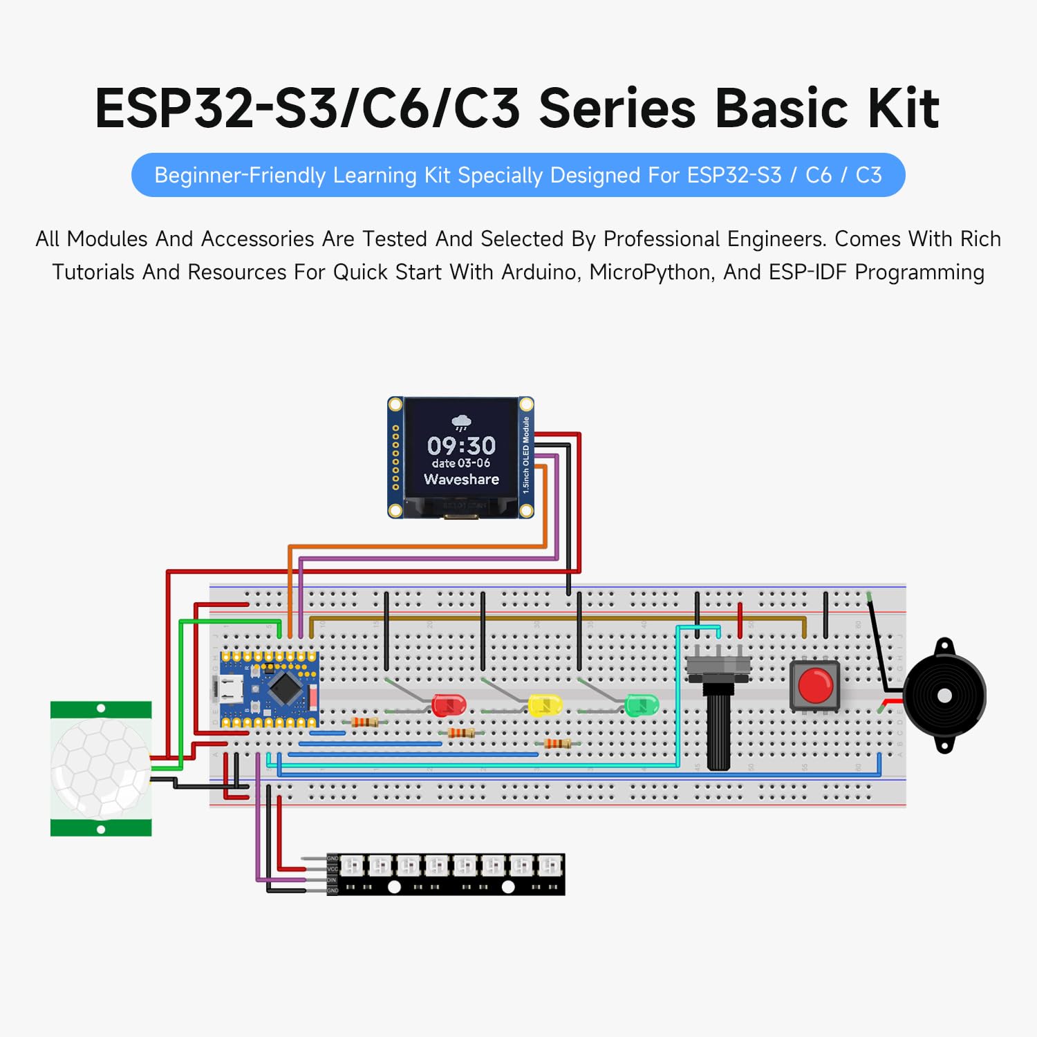 Waveshare ESP32-C6 Series Basic Kit, Quick Start with Rich Tutorials and Resources, Compatible with MicroPython, andnd ESP-IDF Programming,Contains ESP32-C6-Zero Dev Board