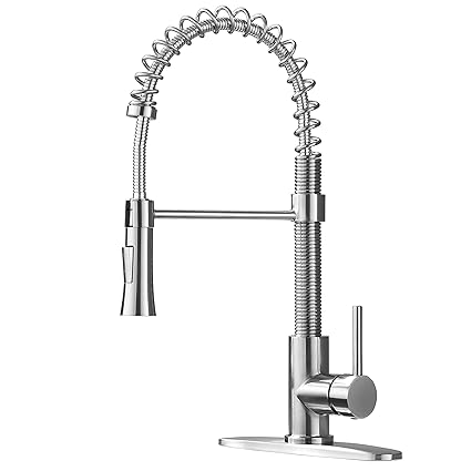 KINGO HOME Lead Free Modern Stainless Steel Single Handle Pull Down Sprayer Spring Brushed Nickel Kitchen Faucet, Kitchen Sink Faucet with Deck Plate