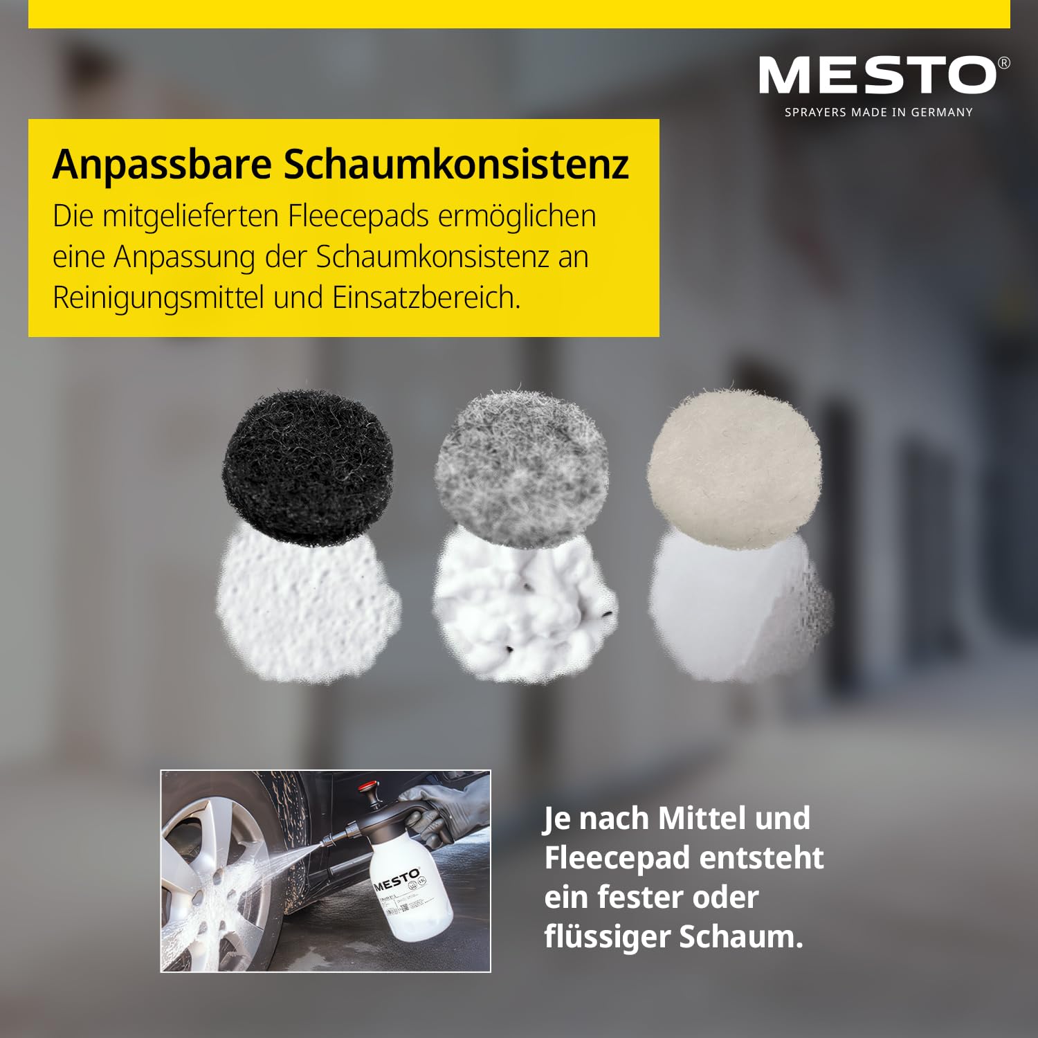 MESTO 3132FE FOAMER Drucksprüher 1,5L Schaumsprüher | Schaumgerät mit EPDM-Dichtungen | Foam Sprayer für Automotive Reinigung | Schaum Sprühflasche | Spezial-Flachstrahldüse 110-06 | inkl. Fleecepads