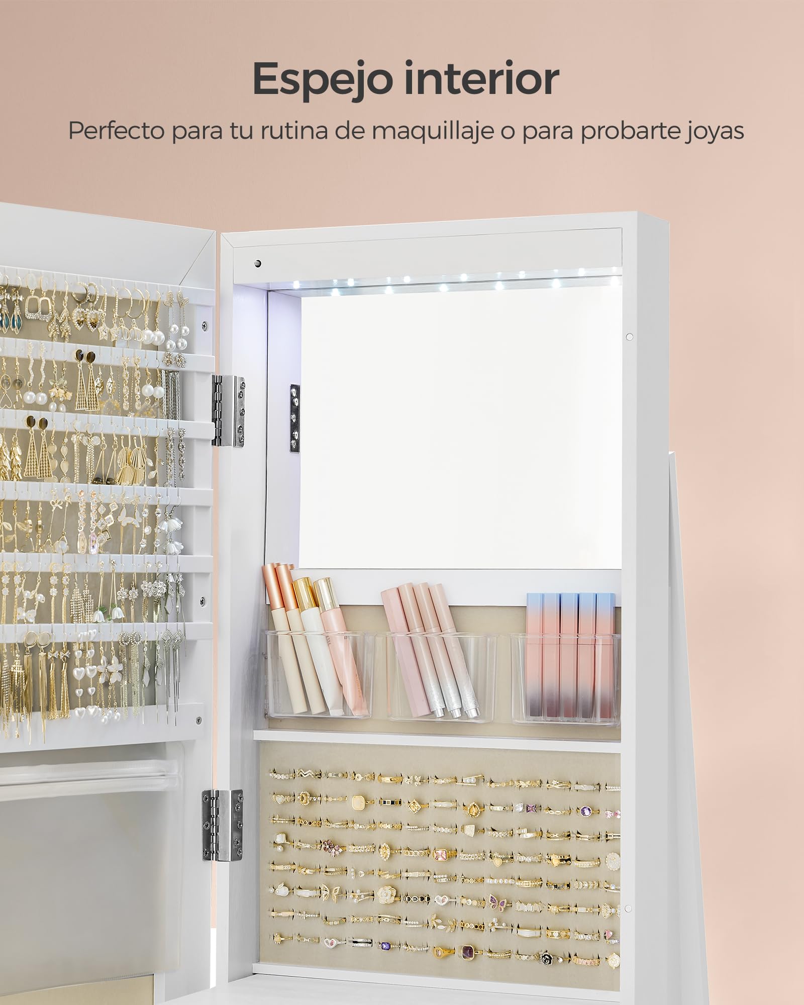 SONGMICS Espejo Joyero con 6 LEDs, Armario de Joyas de Giro de 360°, Organizador de Joyería Giratorio, sin Marco, Espejo Completo, 3 Estantes, Superficie Blanco, Forro Greige JJC007W02