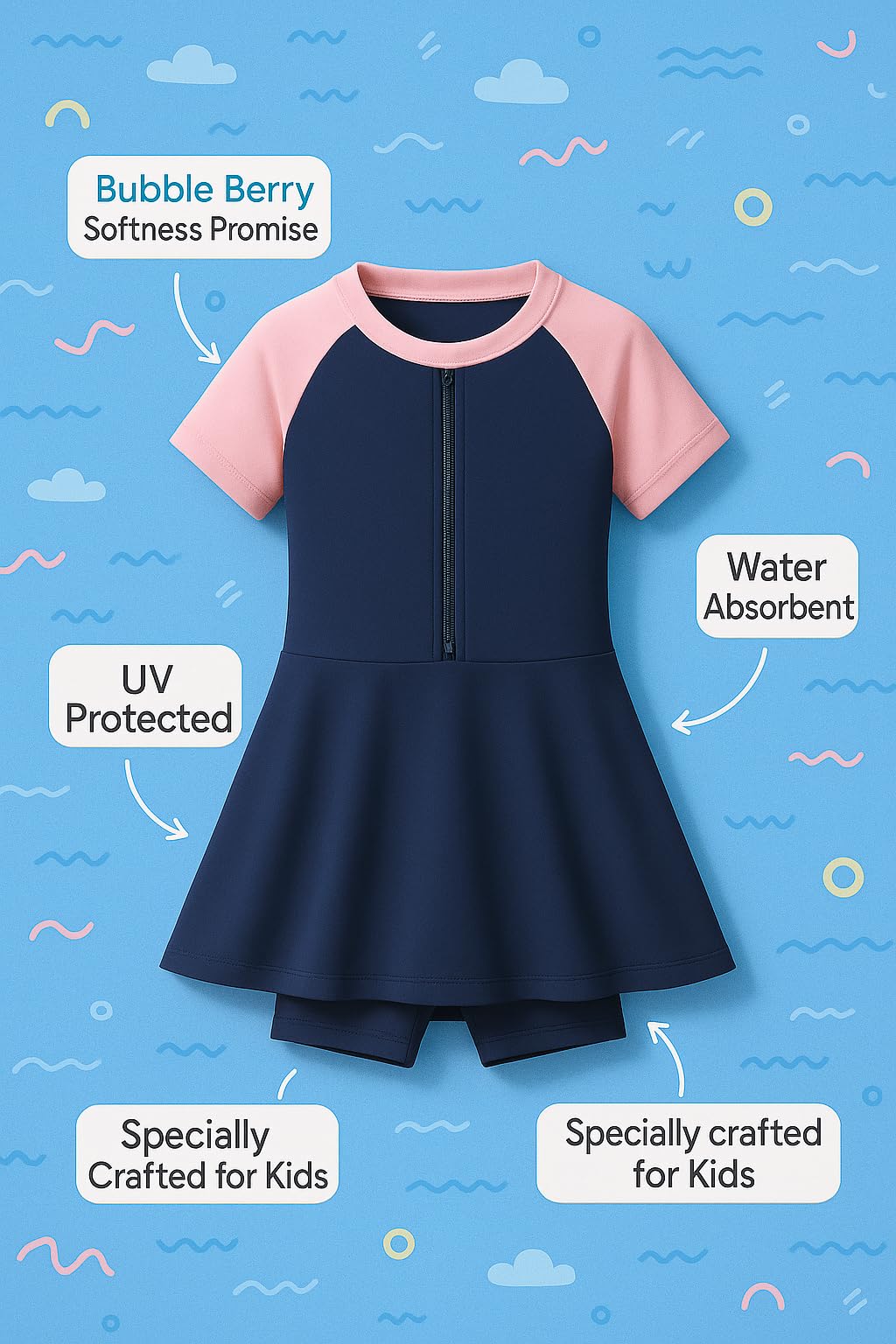 Bubble Berry Girls' Two-Piece Swim Dress with Matching Cap | Swimming Costume with Front Zipper (in, Age, 7 Years, 8 Years, Regular, Navy) - Image 6 thumbnail