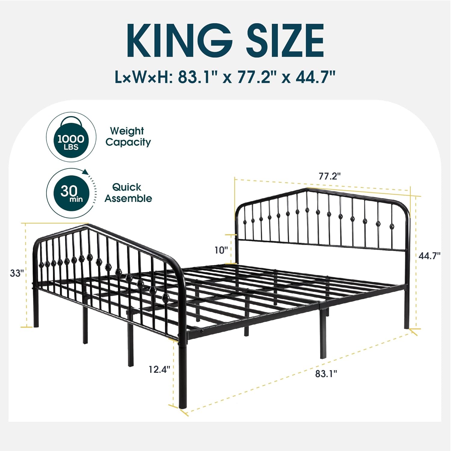 WEEWAY King Size Metal Bed Frame with Vintage Headboard and Footboard,Iron Bed,Steel Slat Support,No Box Spring Needed, Easy Assembly, Black