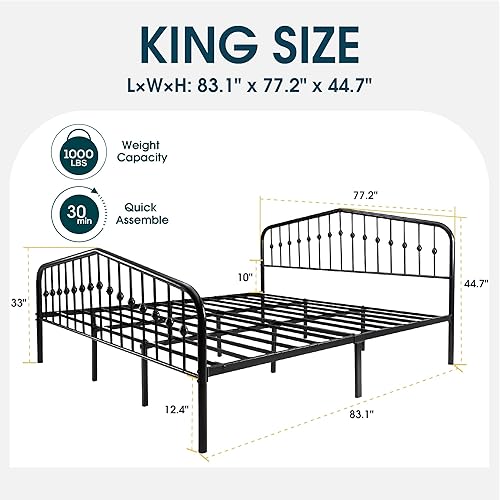 Miniatura 10 de WEEWAY Marco de cama de plataforma de metal tamaño Queen con cabecera y estribo de hierro forjado de estilo vintage, no necesita somier, fácil