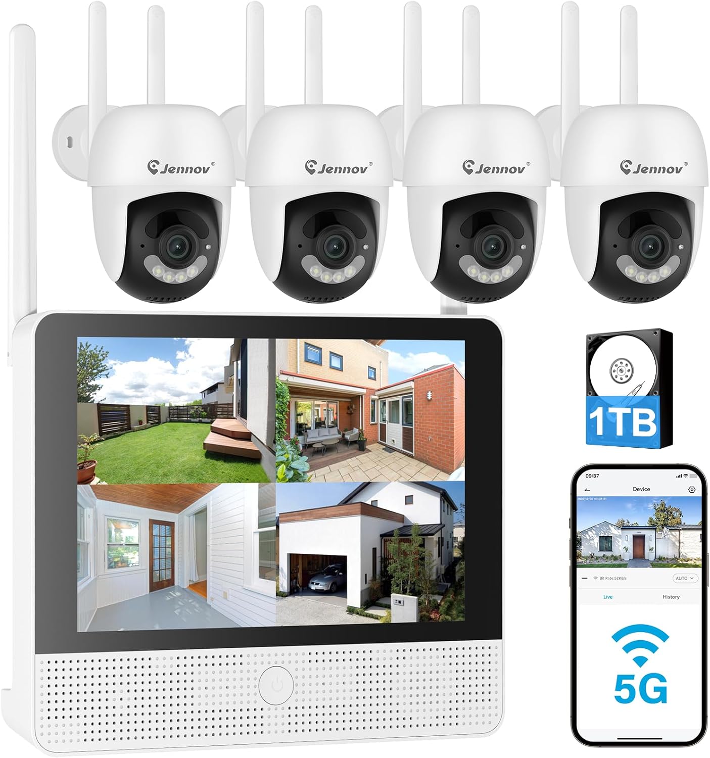 Jennov 5MP Wireless Security Camera System with Monitor – 8CH NVR Kit with 4 Outlet-Powered Cameras, 1TB HDD, Night Vision, Motion Detection, IP66, No Subscription, Home Surveillance Indoor/Outdoor