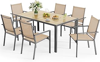 Ahomly Patio Table and Chairs Set for 6, Outdoor Dining Set Includes 59.5" Rectangle Patio Table with Side Umbrella Hole and 6 Textilene Fabric Patio Chairs for Backyard, Courtyard, Poolside, Brown