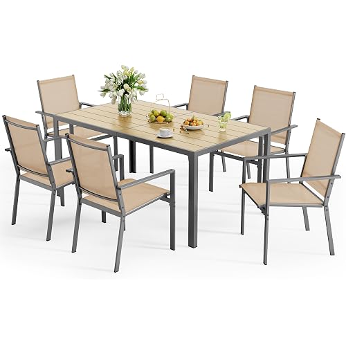 Ahomly Patio Table and Chairs Set for 6, Outdoor Dining Set Includes 59.5" Rectangle Patio Table with Side Umbrella Hole and 6 Textilene Fabric Patio Chairs for Backyard, Courtyard, Poolside, Brown