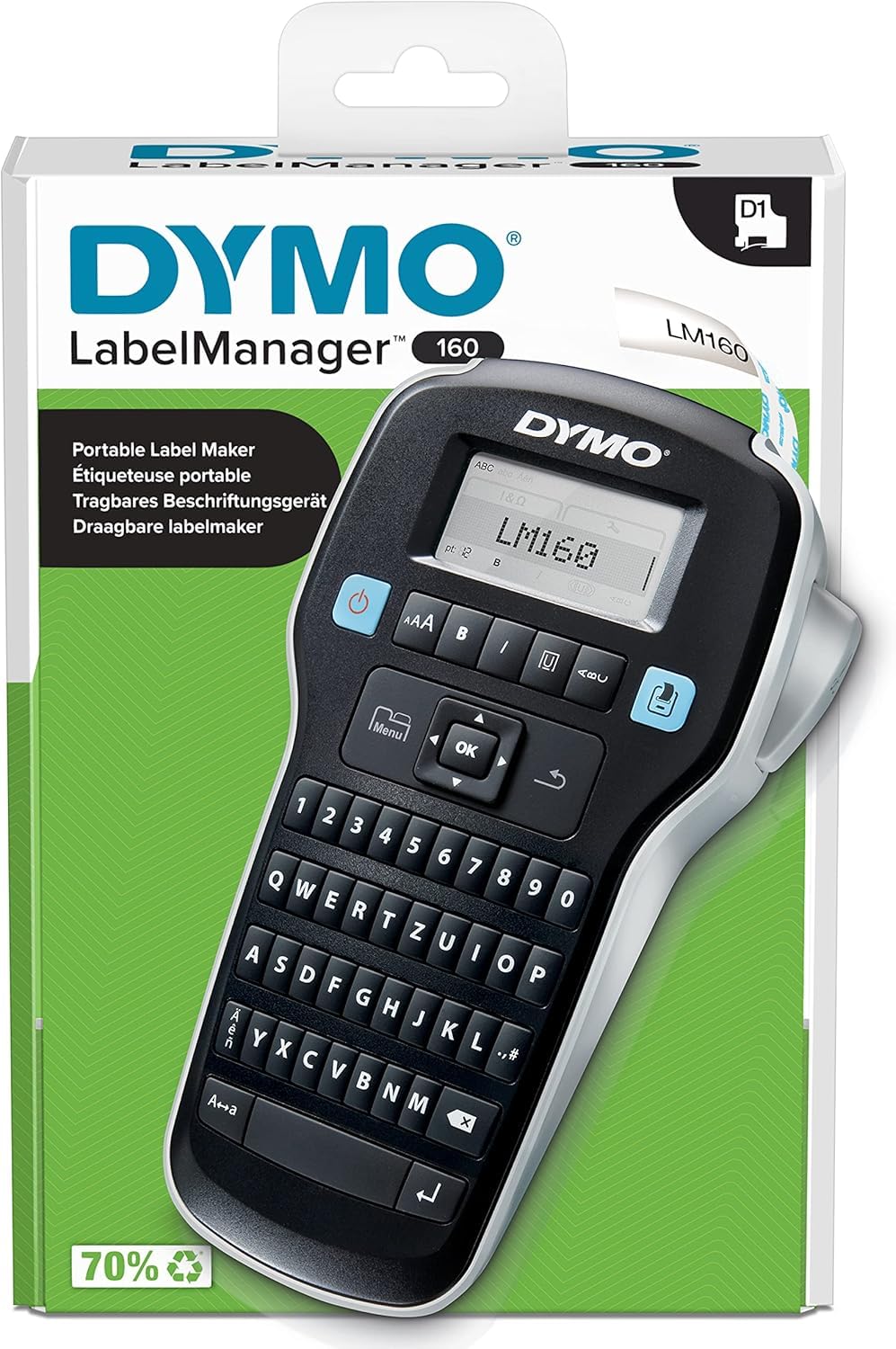 DYMO LabelManager 160 Tragbares Beschriftungsgerät | Etikettiergerät mit QWERTZ Tastatur & Einfache Textbearbeitung | für D1 Etiketten in 6 & Original D1-Etikettenband | weiß auf schwarz | 12 mm x 7 m