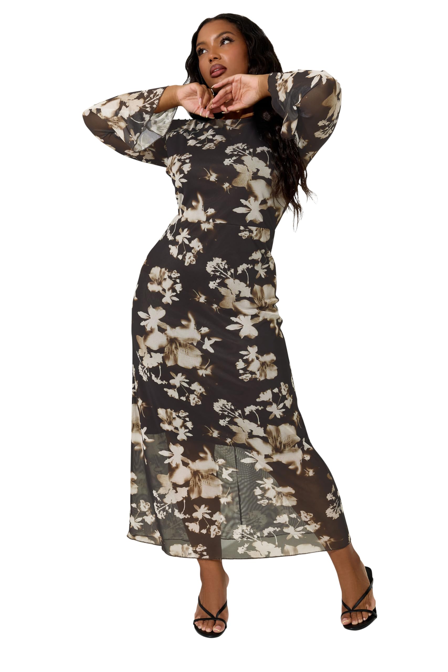 Yours Women's Brown London Curve Natural Floral Mesh Maxi Dress - Plus Size Curve