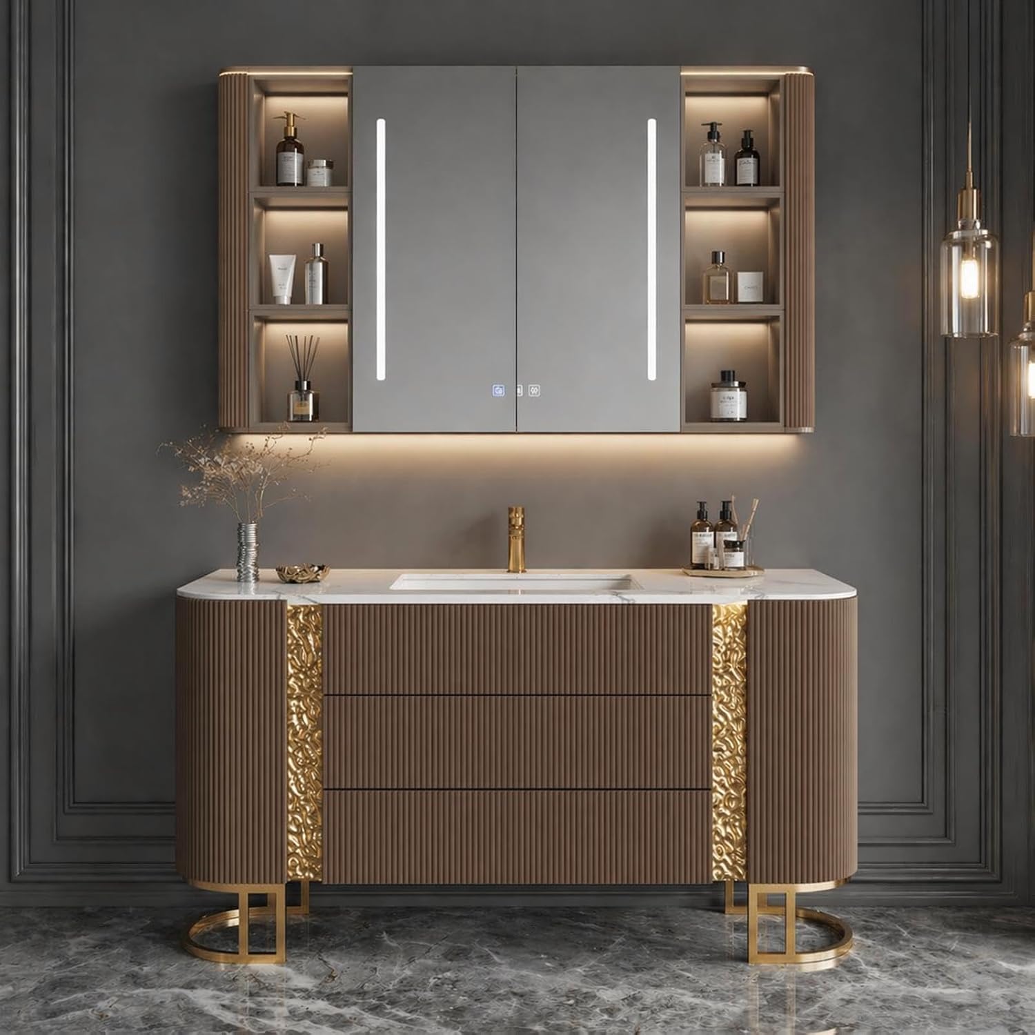 48 in Single Sink Bathroom Vanity - Modern Bathroom Vanity Set with Solid Wood Cabinet | Fog-Free Mirror | Seamless Stone Sink | Ample Storage | Floating Design