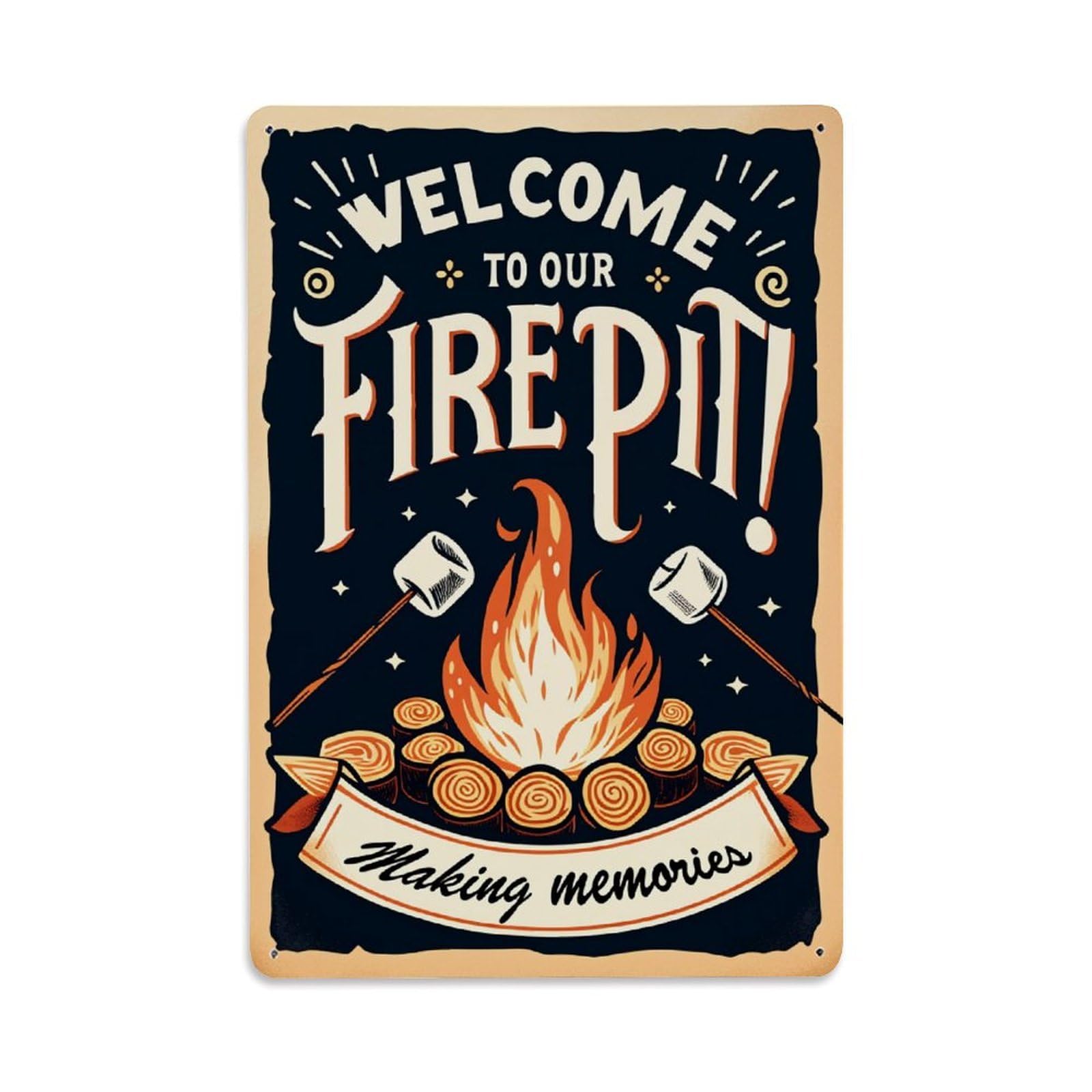 Fire Pit Welcome Sign Pattern Tin Sign Vintage Metal Poster, Home Bar Garage Man Cave Cafe Indoor & Outdoor Wall Decoration 8x12Inches