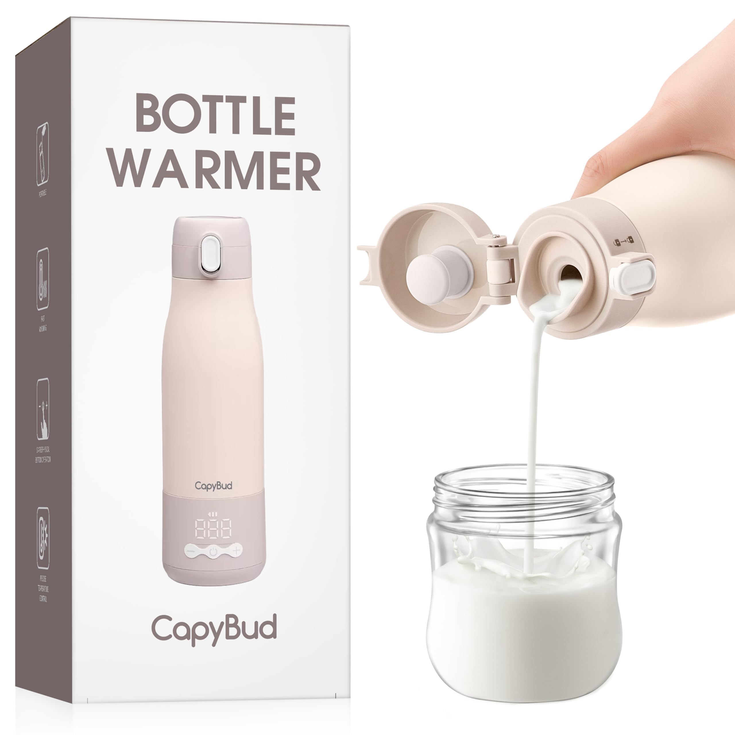 CapyBud Portable Bottle Warmer for Travel, 12 Oz Milk Warmer for Breastmilk Formula Water, 3 Mins Fast Heating, Long Battery Life, 5 Levels Smart Temp