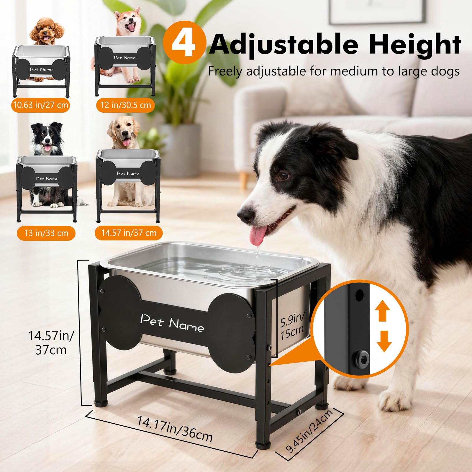 Gamelle surélevée pour Chien, Bol d'eau INOX 9L Réglable pour Grandes Races, Distributeur avec Support Métal pour Soulager Les Articulations, Facile à Nettoyer, Intérieur Extérieur