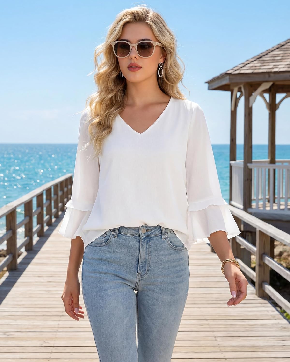 Bebonnie Womens Dressy Casual Tops Ruffle 3/4 Sleeve V Neck Floral Chiffon Blouses - Image 3