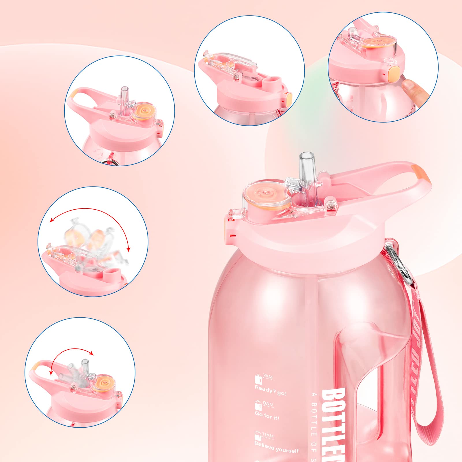 JIMACRO Bouteille d'Eau à Large Goulot, 2.5L Sans BPA Anti-Fuite Bouteille, Gourde de Sport Avec Indication de l'Heure et Pailles, le Fitness et Les Activités en Extérieur