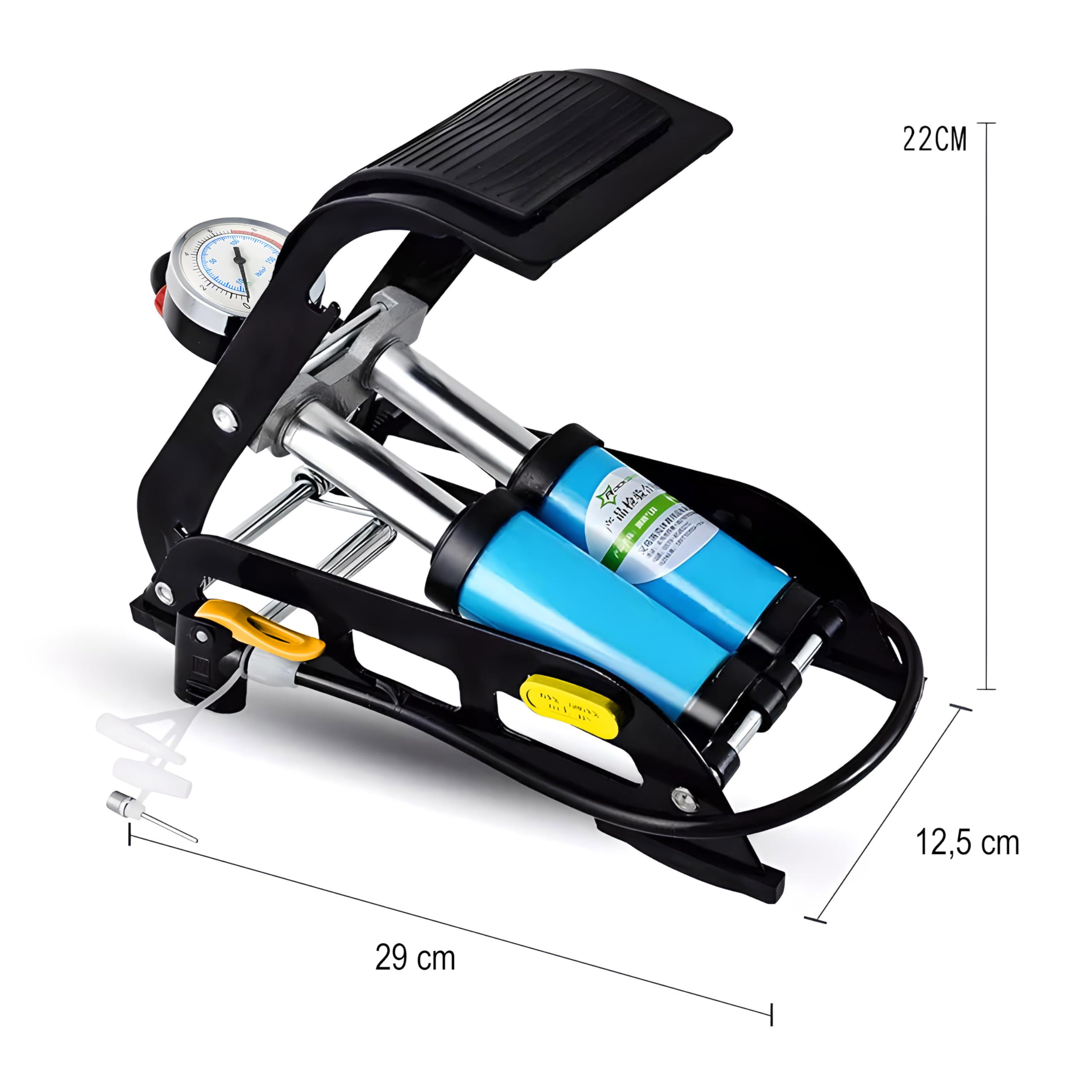 Retoo Pompa a pedale con doppio cilindro, pompa ad aria a pedale per tutte le valvole, potente pompa ad aria con manometro fino a 7 bar, per bicicletta, palla, pompa a pedale con tubo lungo 65 cm