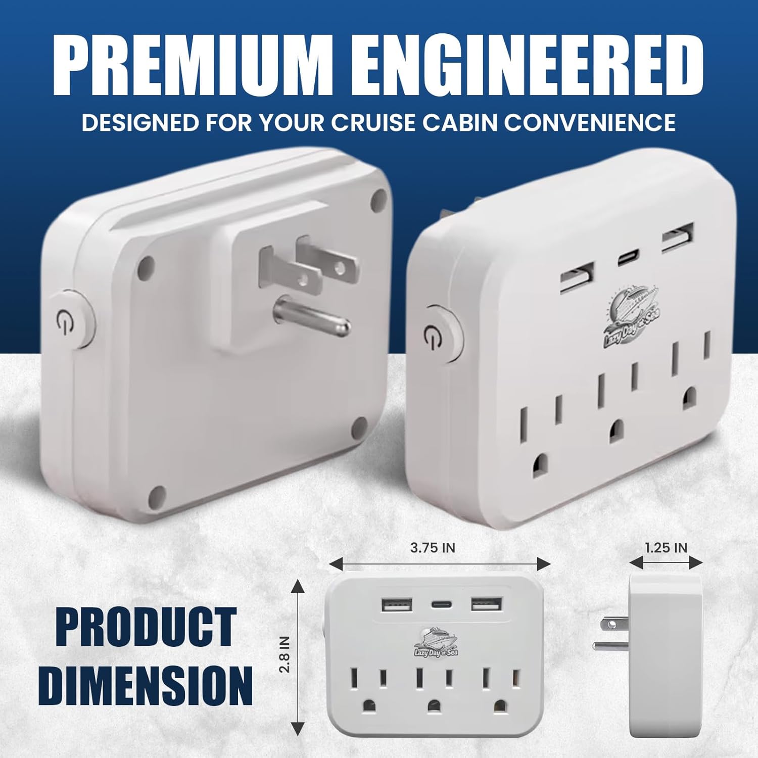 Cruise Ship Compliant Non-Surge Power Strip (6-in-1) – Outlet Extender with 3 AC Outlets, 2 USB Ports & 1 USB-C, 2500W, Approved for Carnival, Norwegian, Princess & Disney Cruises (NOT Royal)