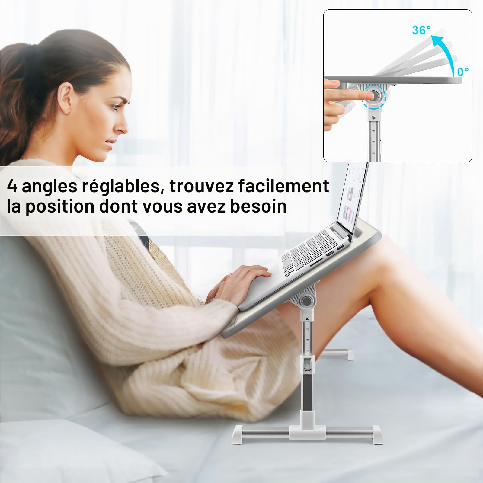 Table de Lit pour Ordinateur Portable, Pliable, Réglable en Hauteur et Angle, Plateau de Lit avec Tiroir/Fente pour Tablette, Table pour Canapé, Sol (60 x 34 cm, Beige)