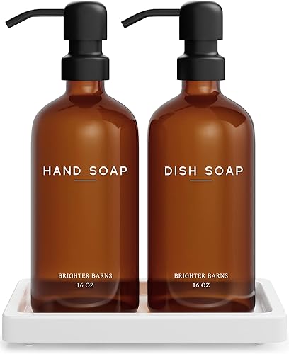 Brighter Barns - Dispensador de jabón para manos y platos de vidrio ámbar - Juego de dispensador de jabón de cocina con bandeja para cocina, Airbnb,
