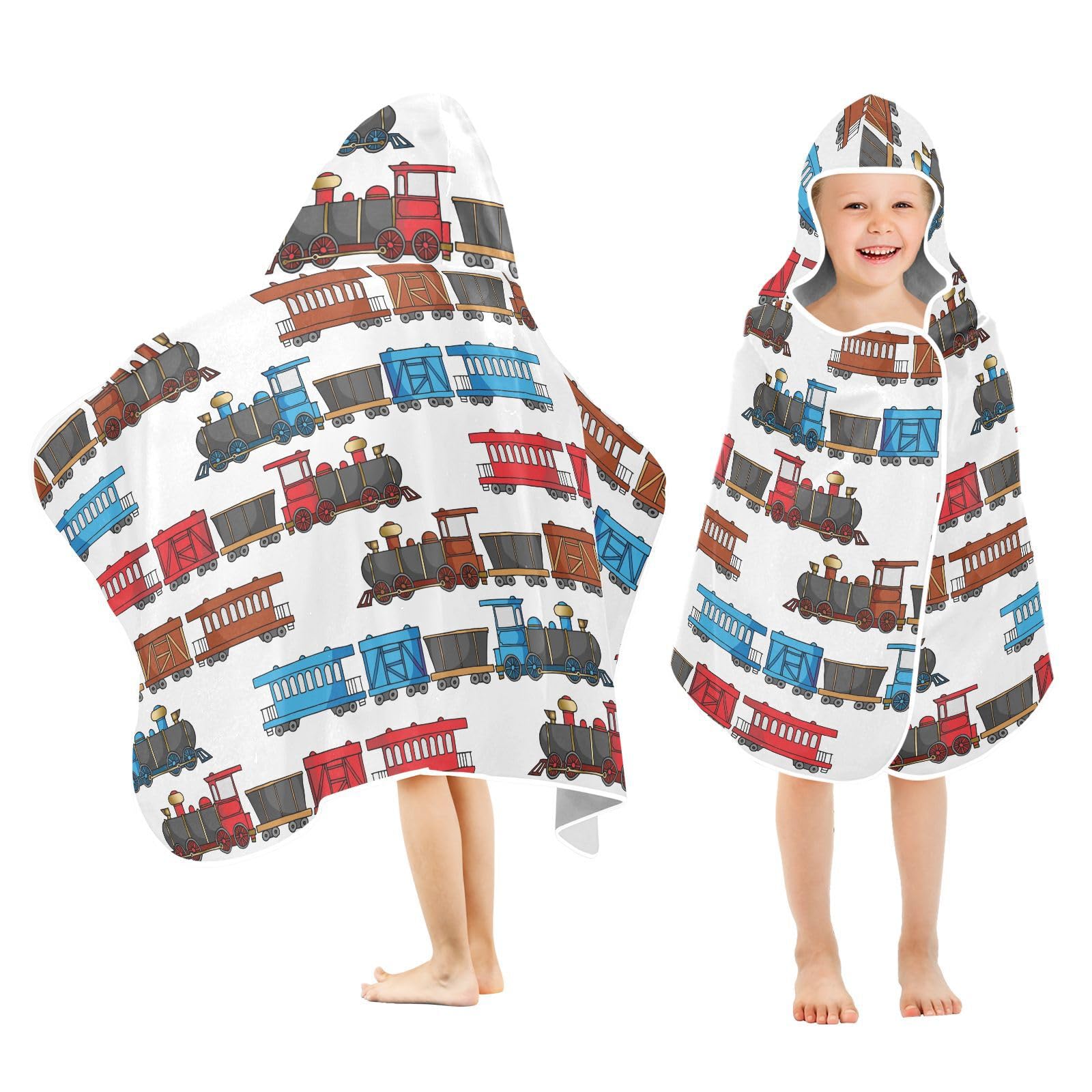 Selerdon Kids Beach Towel for Boys Girls, Cartoon Trains Bath Towel Wrap, Baby Hooded Towels, Toddler Soft Pool Swim Towels