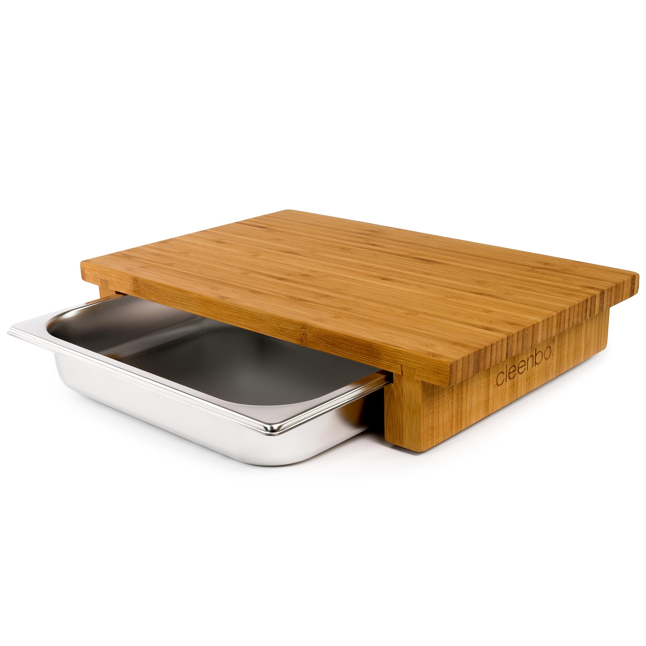 Schneidbrett mit Auffangschale "Classic bamboo GN" Profi Holz Küchenbrett aus geöltem Bambus, Schneidebrett mit Gastro Auffangbehälter (Edelstahl Schublade) Bambusbrett Maße: 43 x 29 x 7,5 cm