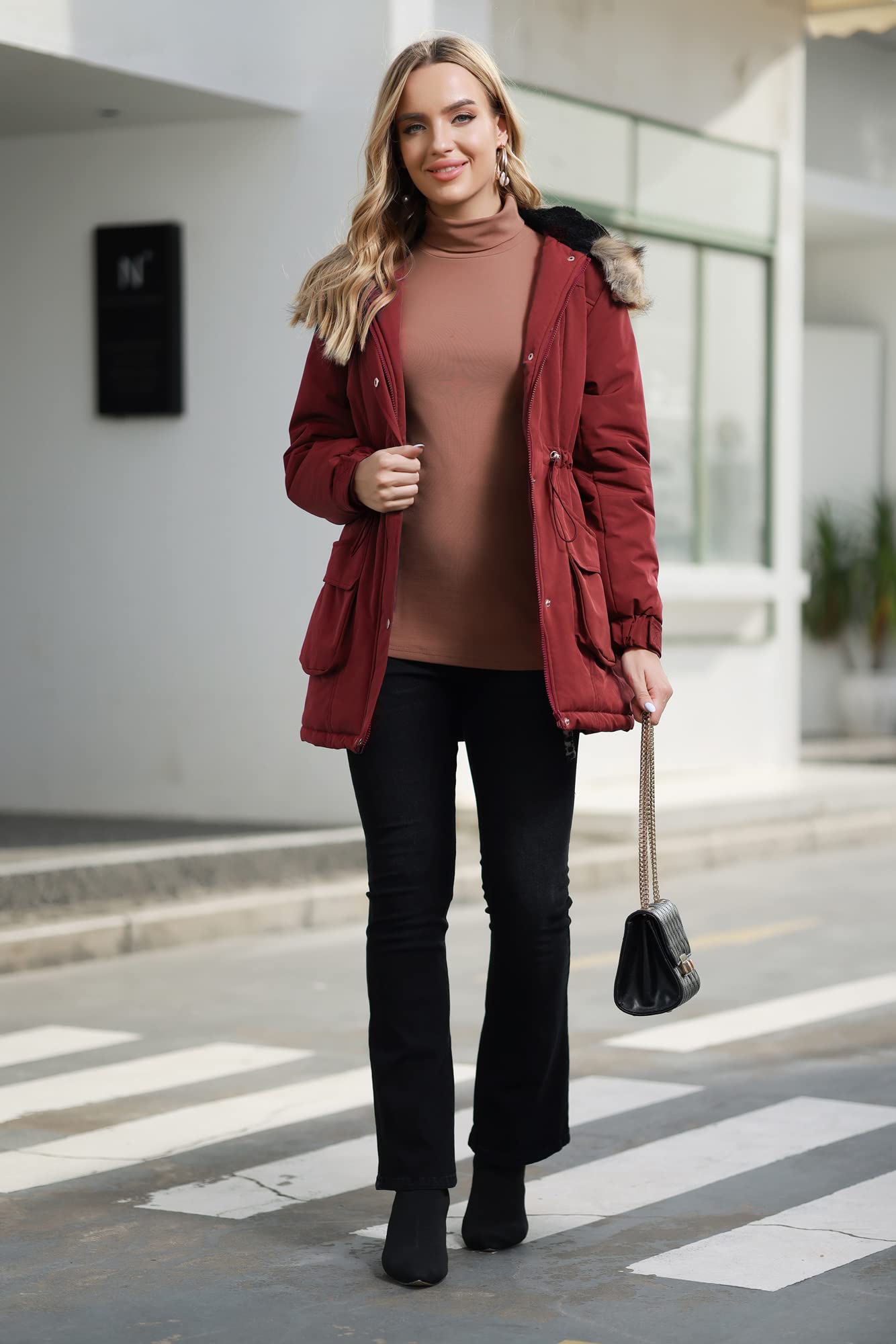 Maacie Umstandsmantel für Damen, 3-in-1, verdickt, mit Fleece gefüttert, Winter, warm, mit Kapuze, wein, M