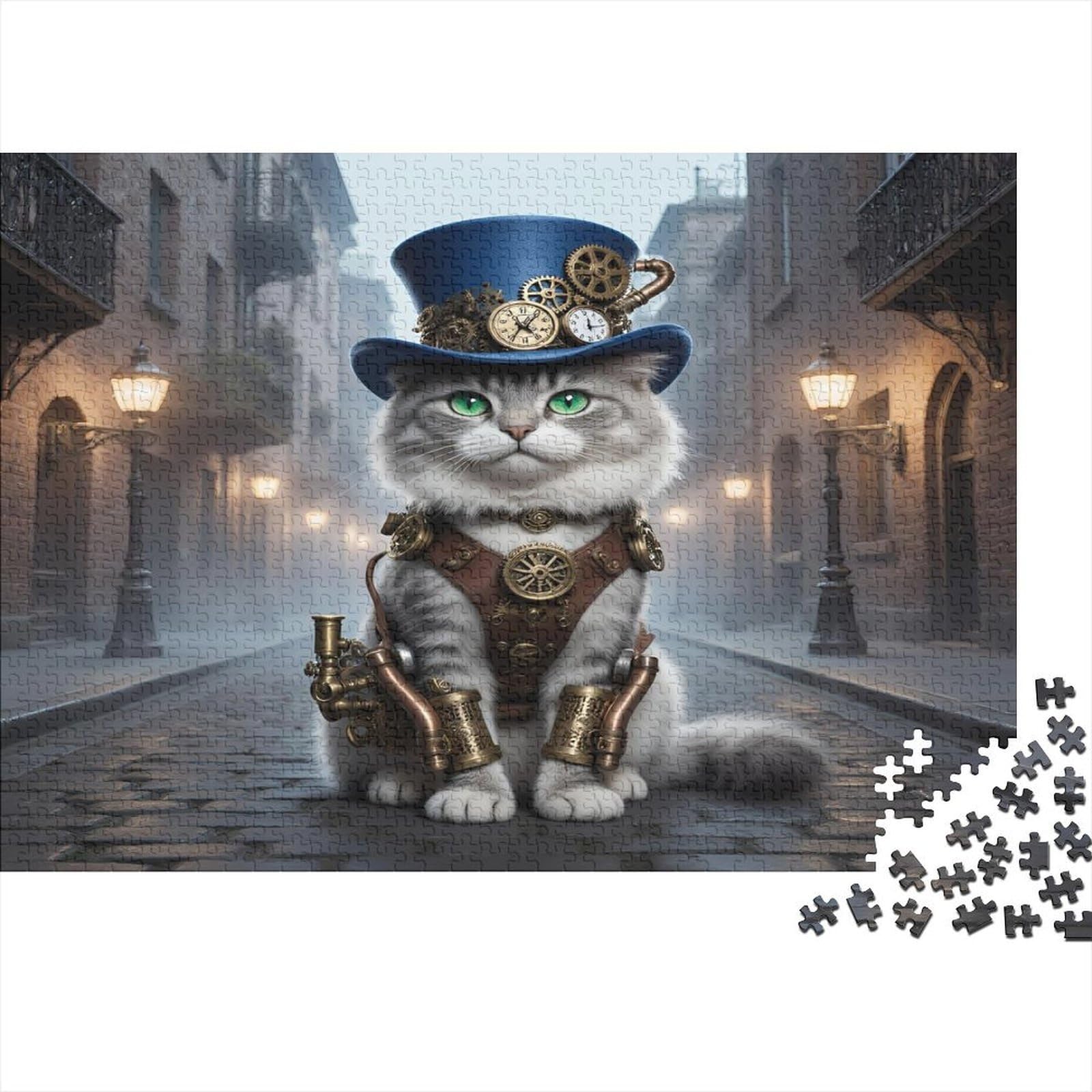 Steampunk Cat 1000 Piece Jigsaw Puzzle for Adults Thick Paper Brain Training Steampunk Style Puzzle Home Wall Decor 52x38cm/1000pcs