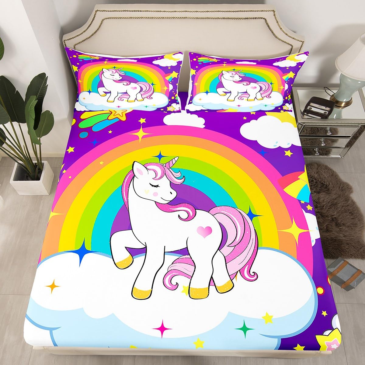 Juego de sábanas de unicornio arcoíris con bolsillo profundo, juego de sábanas de unicornio arcoíris, galaxia y estrellas, juego de sábanas de fantasía para niños y niñas, juego de ropa de cama de