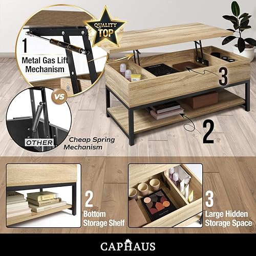 Miniatura 6 de CAPHAUS Mesa de centro elevable con almacenamiento, estante abierto, parte superior elevada para sala de estar, espresso de 41 pulgadas
