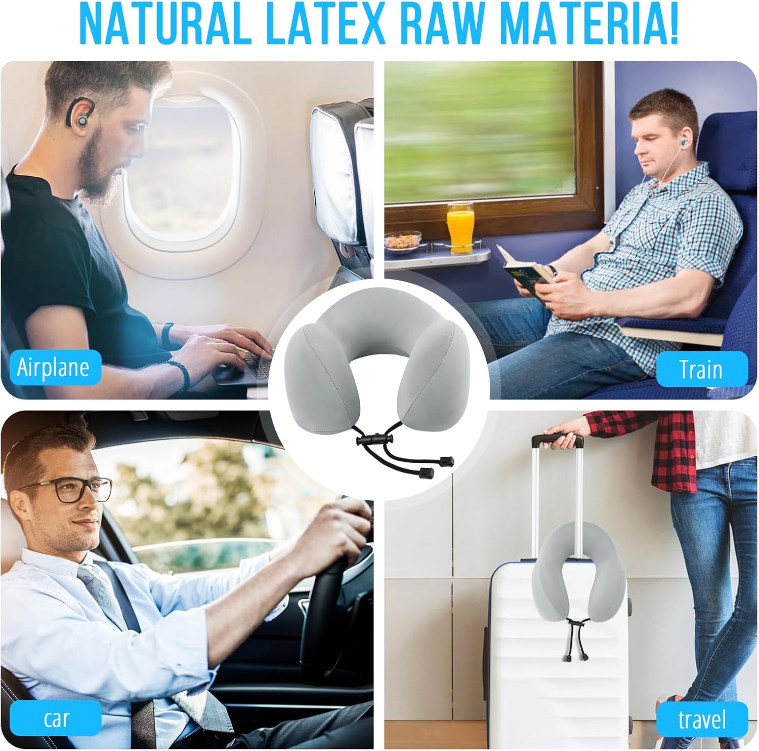 Travel Pillow, Natural Latex Neck Pillow, Comfortable Airplane Travel Pillow, Supports Head and Neck, Essential for Long Distance Travel, Grey