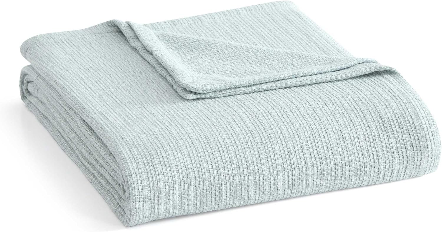 Martha Stewart - Twin Bed Blanket, 100% Cotton Textured Basket Weave Bedding, Breathable & Lightweight Blanket for Couch or Bed, Bedford Tile Blue