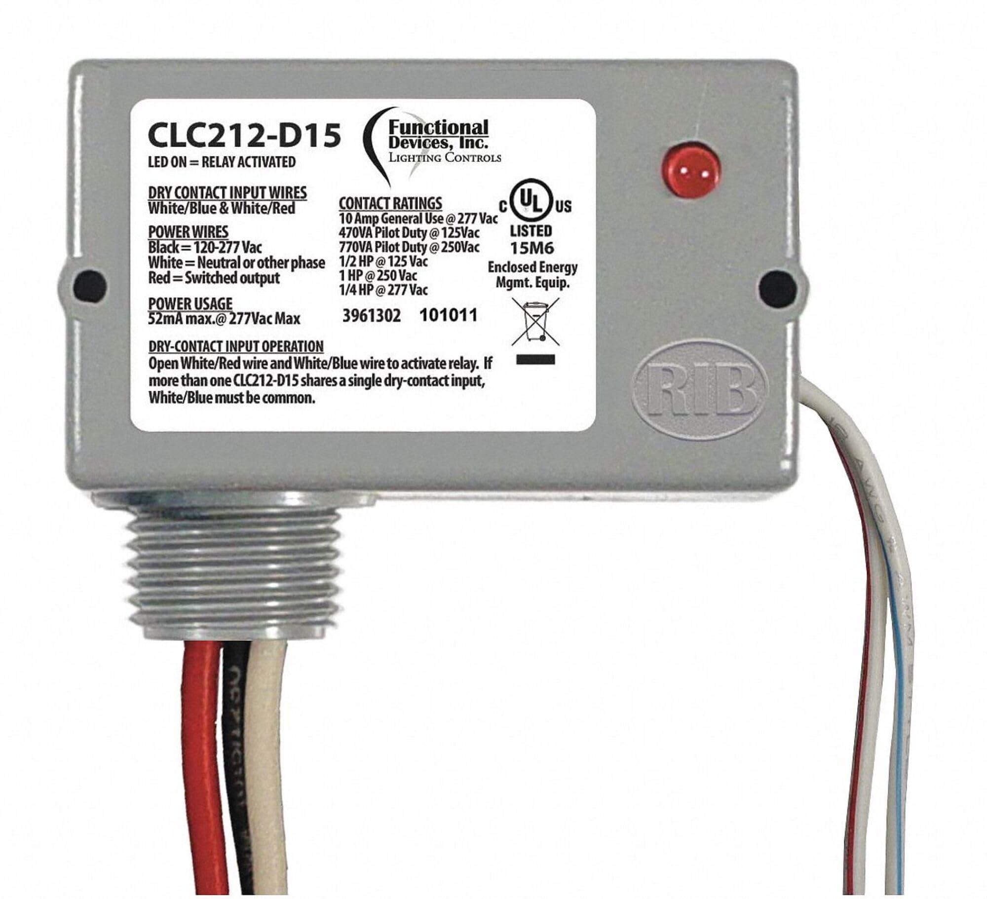Functional Devices CLC212-D15 Separated Class 2 Dry Contact Input, 10 Amp, 120-277 VAC, 15 Minute Delay, DPDT Power Control Relay