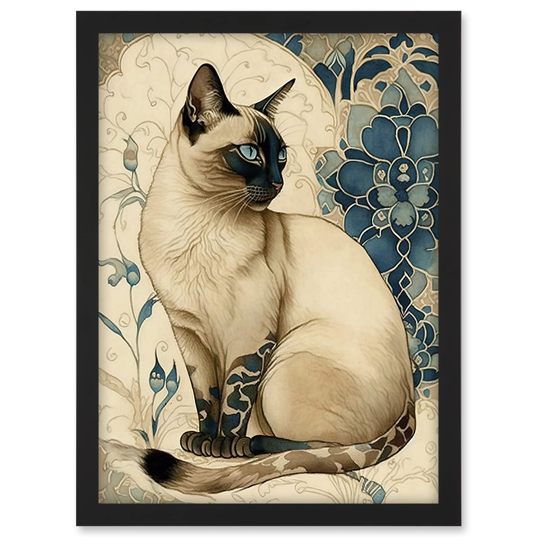 Artery8 Siamese Cat with Blue Flower Pattern Modern Art Nouveau Watercolour Illustration Artwork Framed A3 Wall Art Print