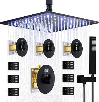 HOMEDEC Shower Diverter System with Digital Temperature, Ceiling Rain 16" LED Shower Faucet Set with 6 Pcs Body Sprays, Separate Valve with Free Combination, Black