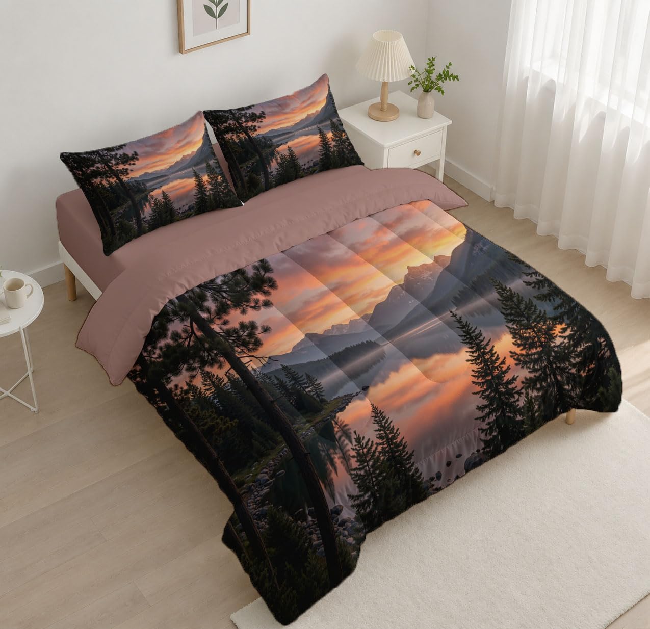 Natural Scenery Comforter Set Twin Size, Forest Waterfall Bedding Set for Girls Boys, Turquoise Quilt Bed 68"X90" Bedding Comforter Sets with 2 Pillowcase Room Decor