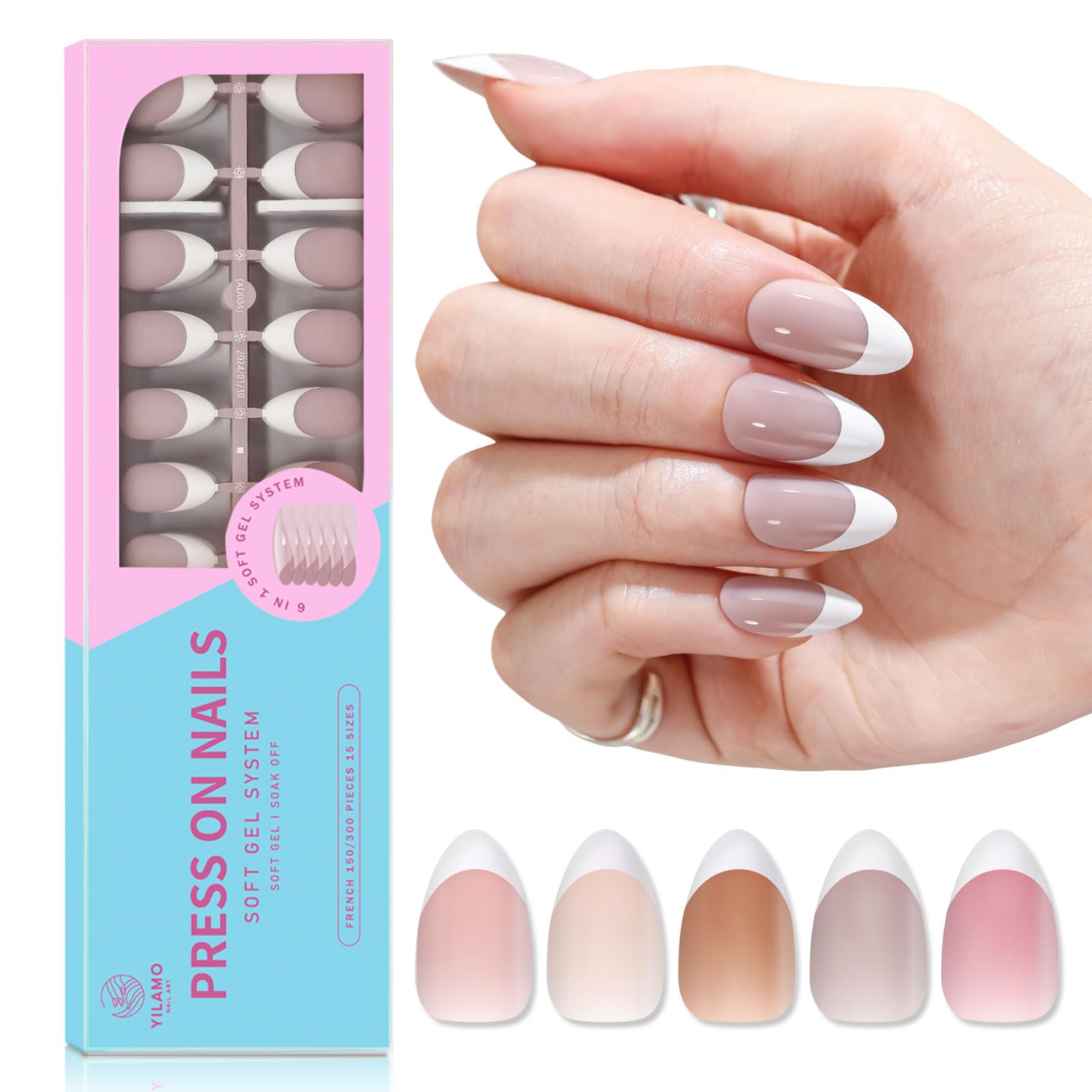Gel Nail Tips - French Tip Press on Nails Pink Short Almond Fake Nails Five Colors 300Pcs 15 Sizes