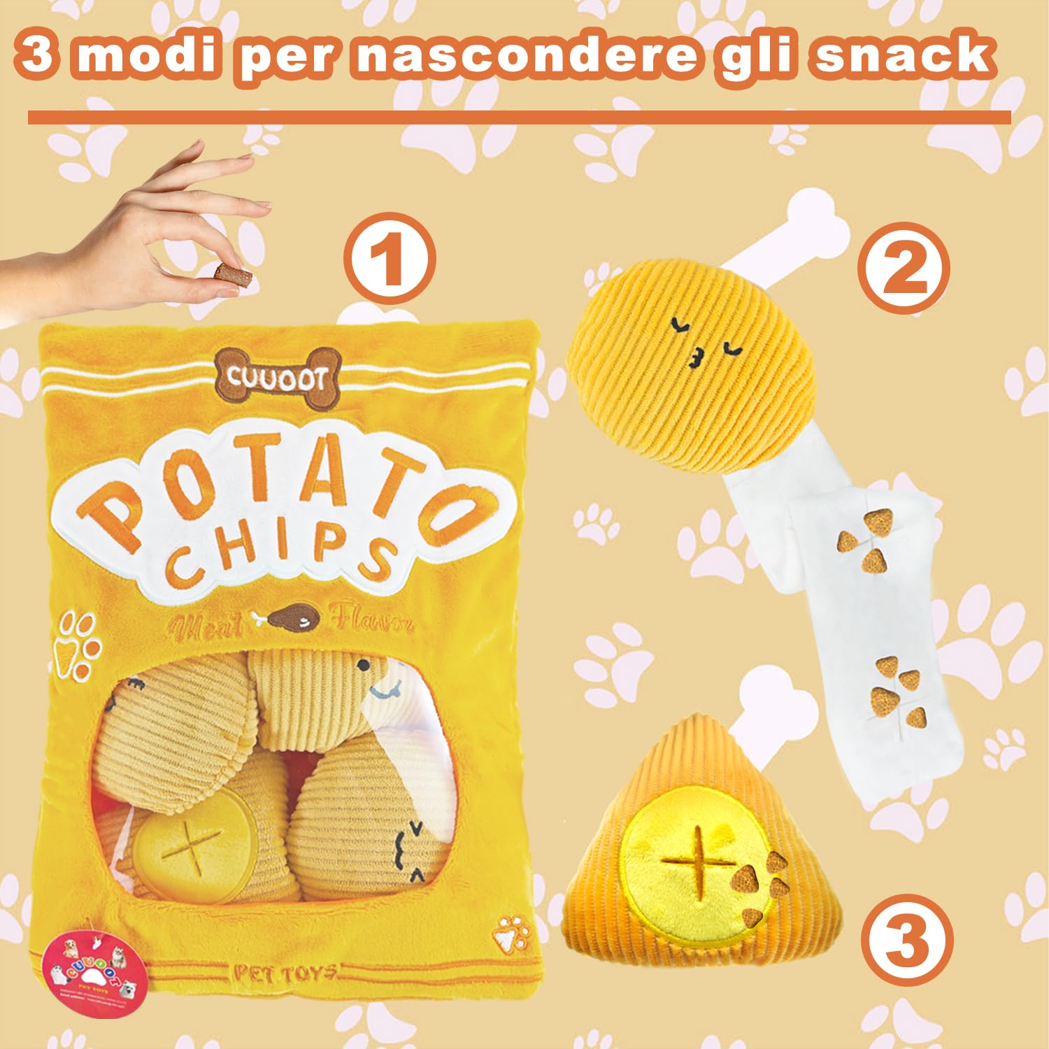 CUUOOTGiocattoli per cani Crinkly Squeaky Giocattoli per cani interattivi in peluche con puzzle di crocchette e arricchimento per cani di piccola media e grande taglia (Potato-chips-01)