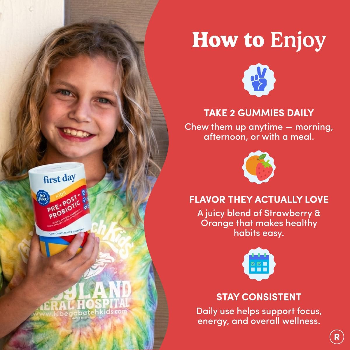 FIRST DAY Kids Probiotic Gummies - 3 in 1 Probiotics for Kids + Prebiotic & Postbiotic - Prebiotics & Probiotics for Digestive Health & Immune Support – Vegan, Gluten Free, 30-Day Supply - Image 8