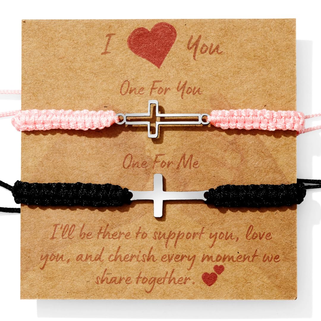 Jexiva 2Pcs Adjustable Couples Bracelet - Christian Cross - Stainless Steel - Strong Woven Rope - Couples Family