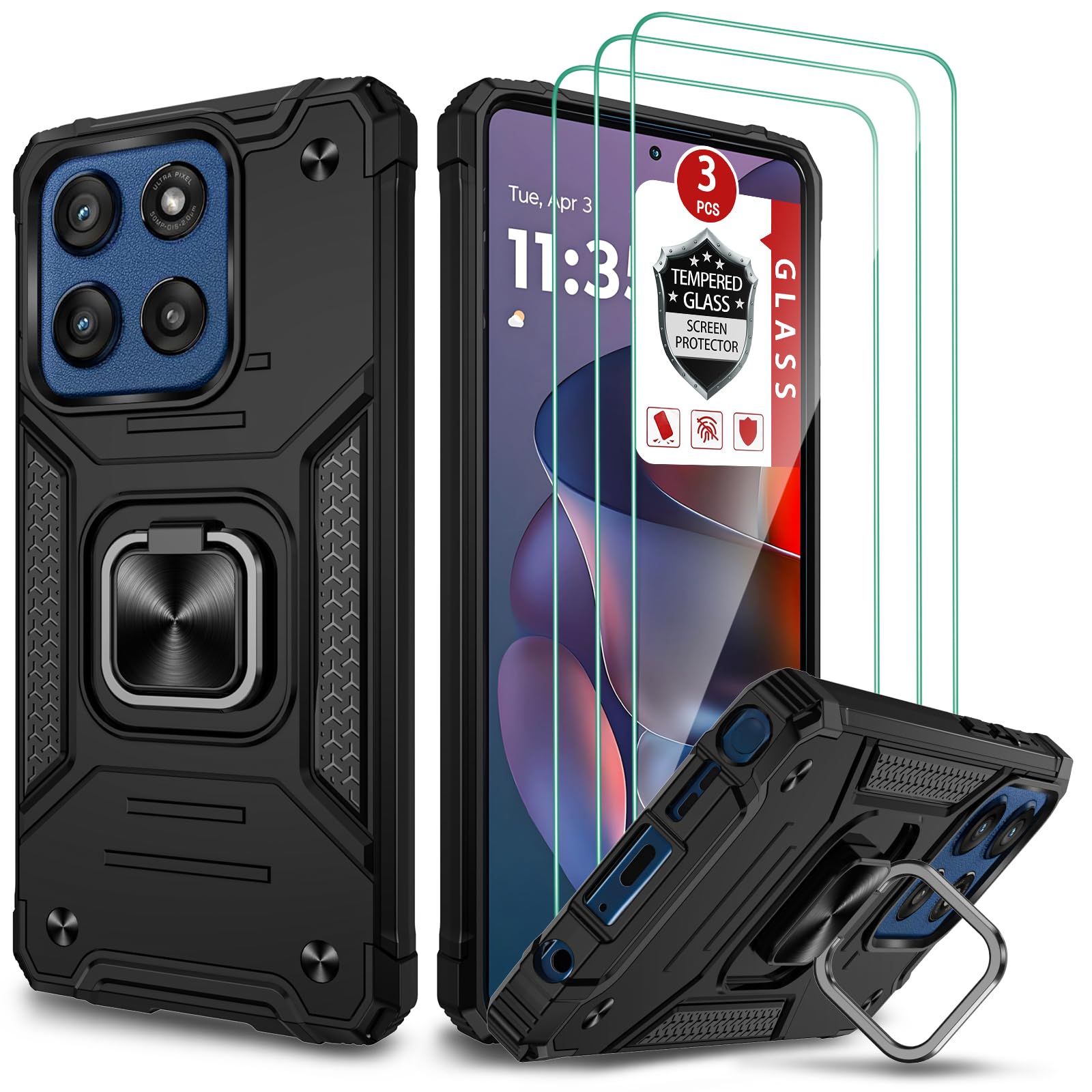 Case for Moto G Stylus 2025, for Moto G Stylus 5G 2025 Case with 3 Pcs Tempered Glass Screen Protector, Built in Magnetic Ring Kickstand