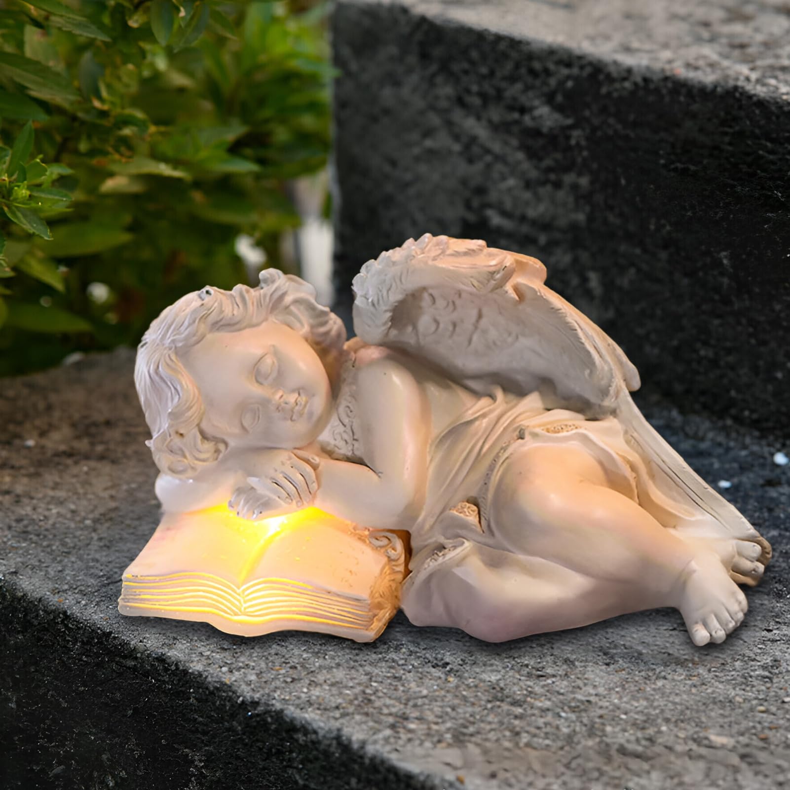 Statue da giardino a forma di angelo custode, con luci a LED, resistente alle intemperie, piccola scultura a forma di angelo per tomba/cimitero, resistente al gelo per prato, cortile,
