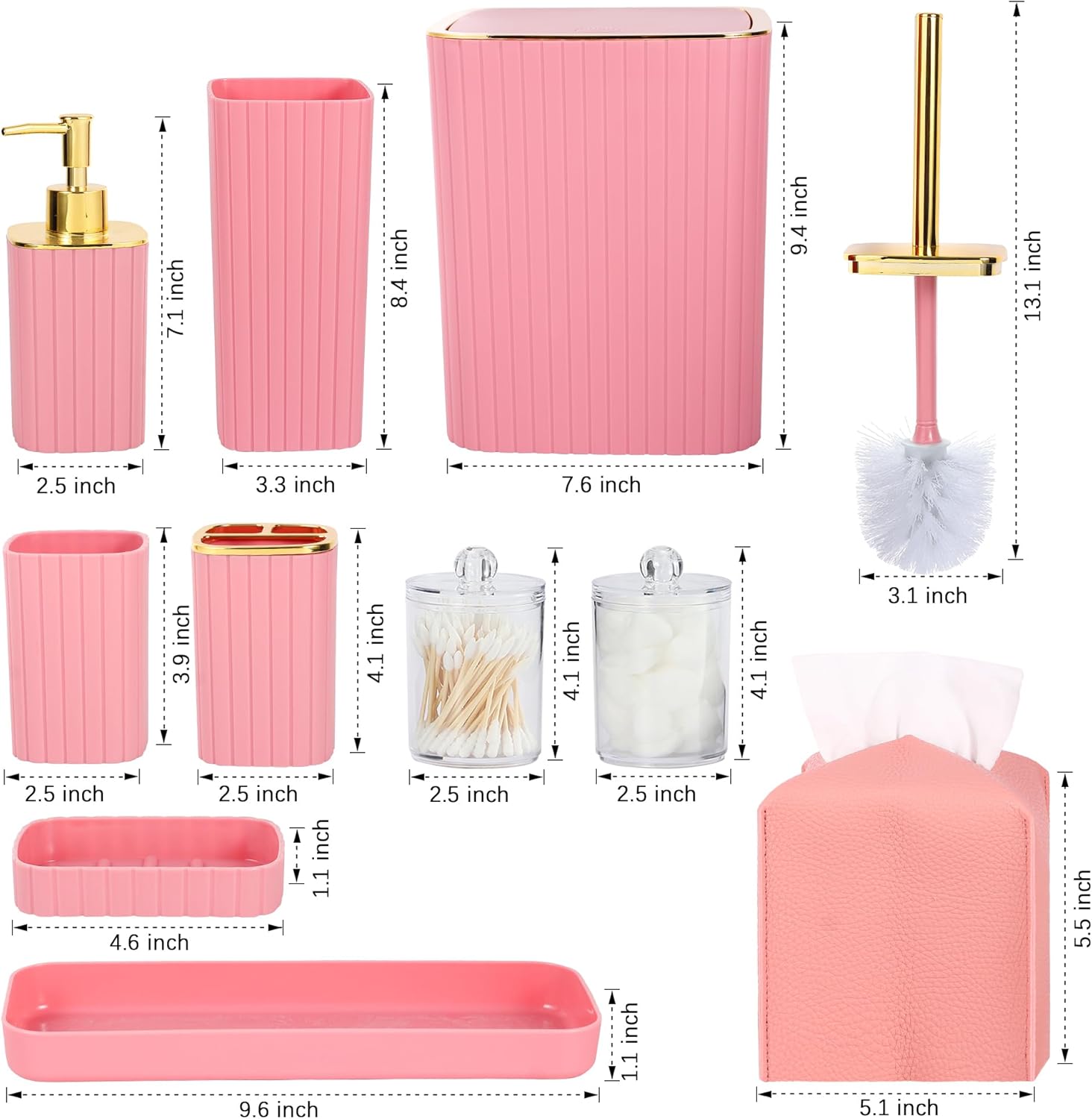 Pink Bathroom Decor - 10pc Pink Accessory Set with Trash Can, Soap Dispenser, Soap Dish, Toothbrush Holder, Cup, Toilet Brush, Qtip Holder